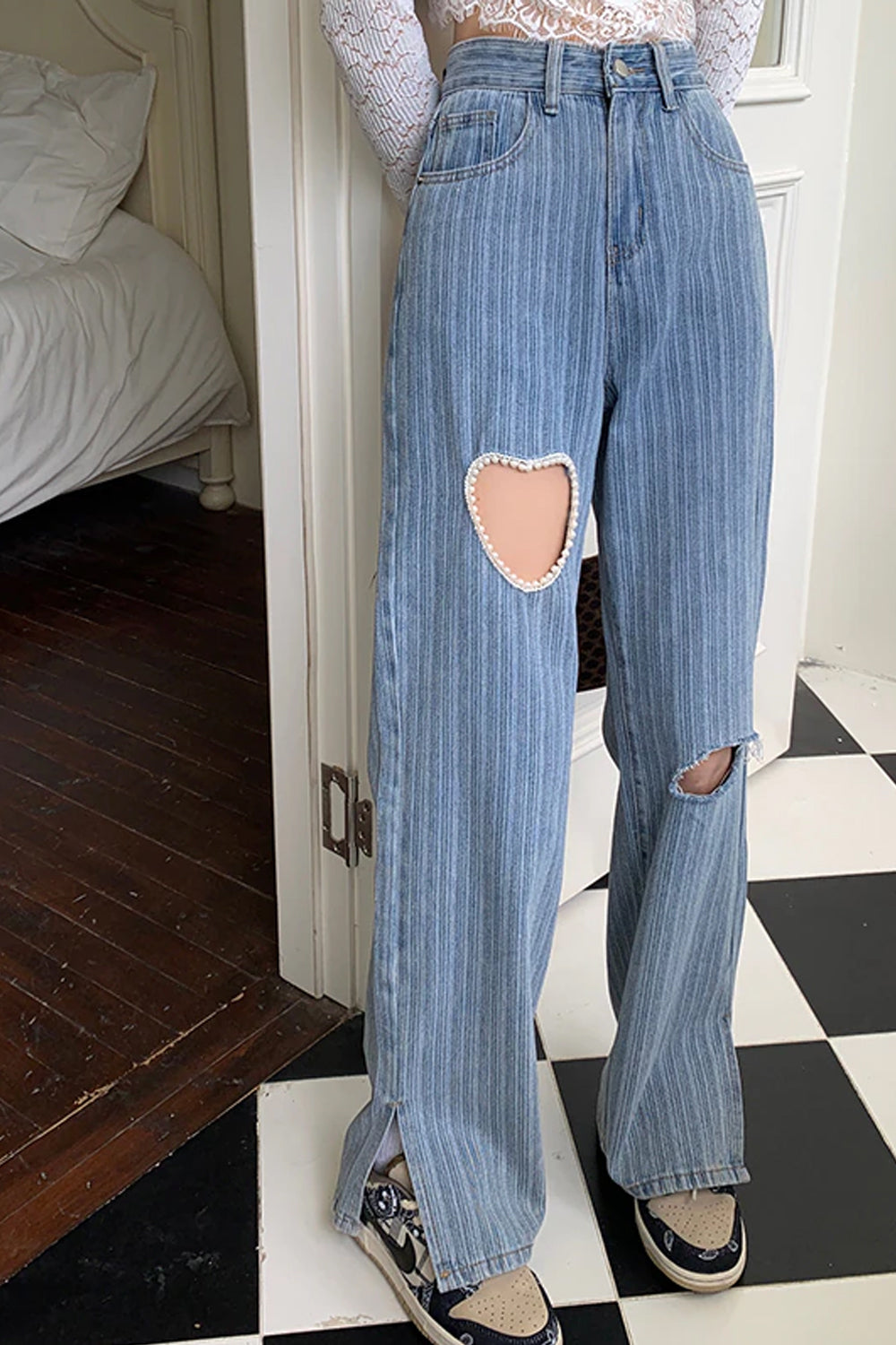 Heart Shaped Hole Wide Leg Denim Pants