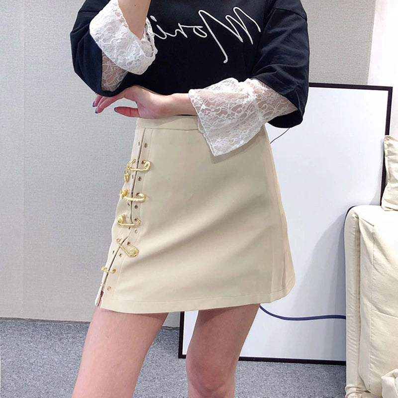 Pins Asymmetrical Leather Mini Skirt