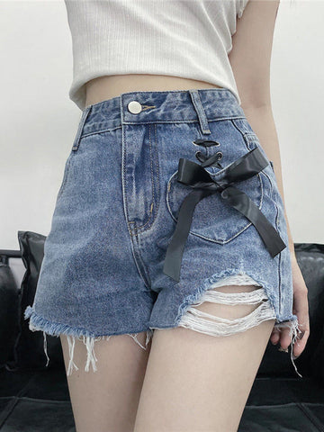 Cute Bow Extended Denim Shorts Jeans