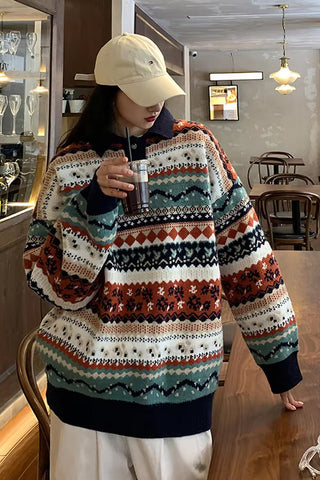 Long Sleeve Classic Art Pattern Collar Sweater