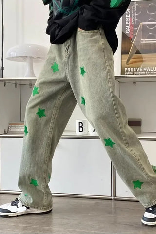 Hip Hop Green Stars Embroidered Jeans Pants