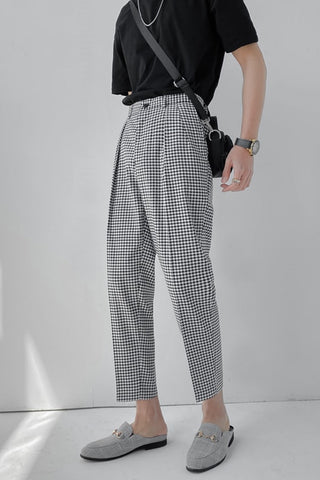 Vintage Elastic Waist Plaid Ankle Length Men Long Pants