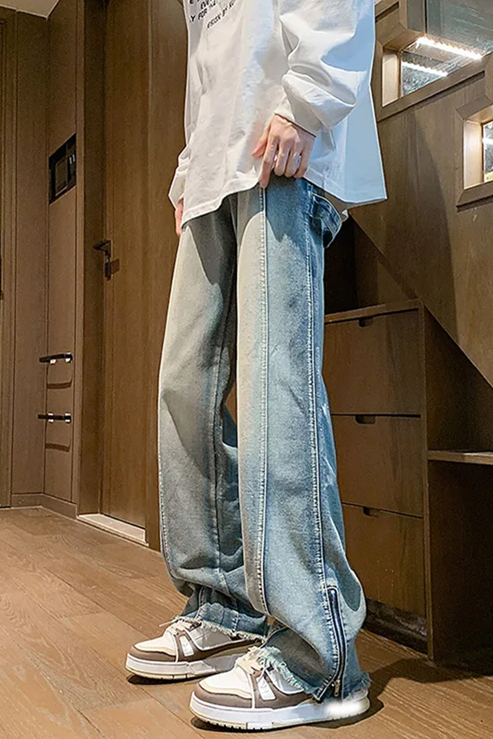 Loose Side Slit Zipper Men Jeans Pants
