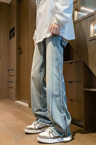 Loose Side Slit Zipper Men Jeans Pants