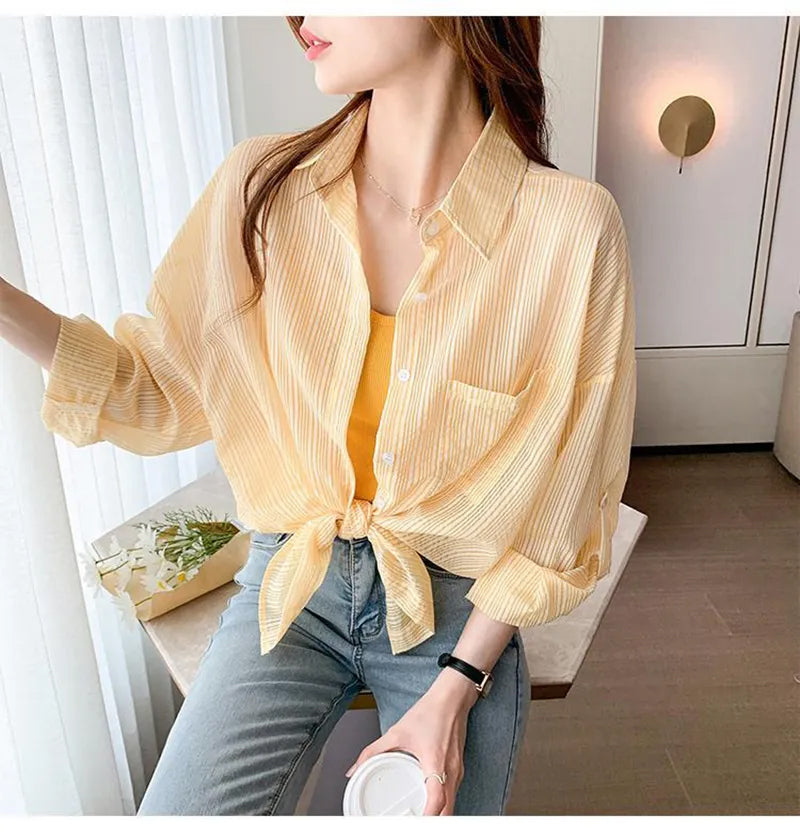 Striped Sun Proof Chiffon Office Blouse Shirt