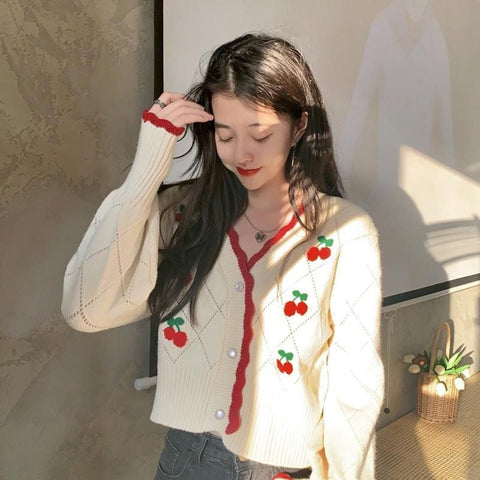 V-Neck Cherry Printed Retro Cardigan Sweater