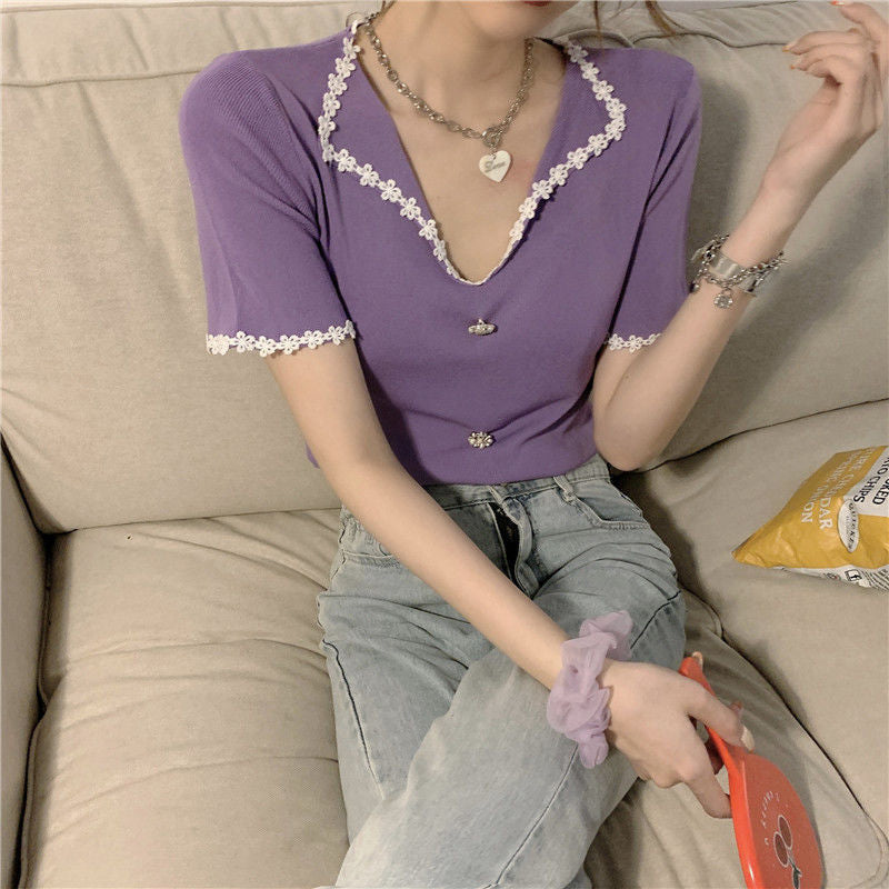 Blusa retro de manga corta con cuello de flores 