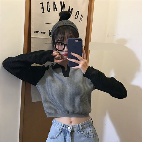 Long Sleeve Turn Down Collar Knitted Crop Slim Sweater