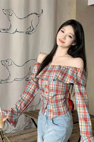 Long Sleeve Ruffles Off Shoulder Plaid Blouse Shirt