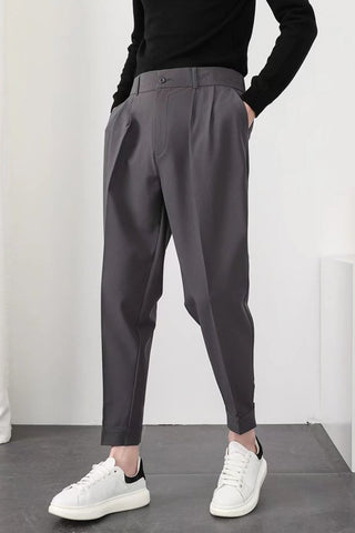 Elastic Waist Slim Pleated Long Men Pants