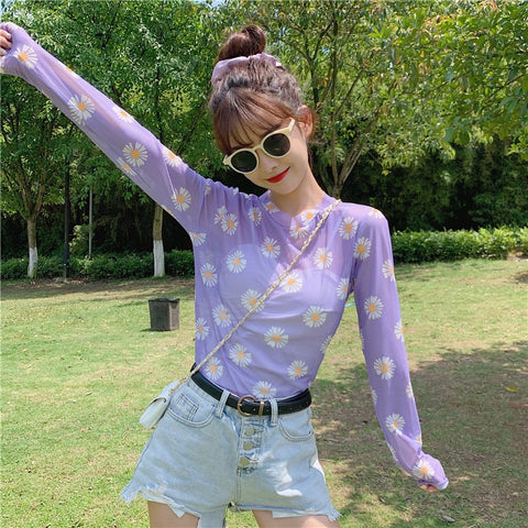 Camisa transparente sexy con cuello redondo y estampado de margaritas