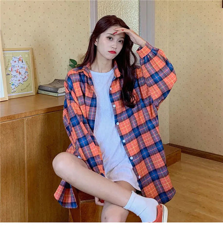 Long Sleeve Cute Plaid Loose Shirt
