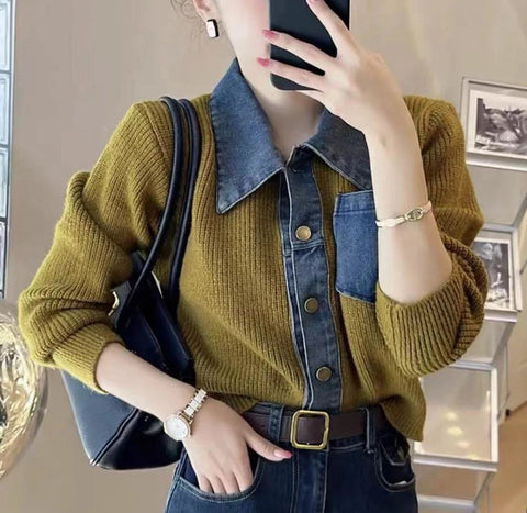 Long Sleeve Denim Spliced Sweatshirt