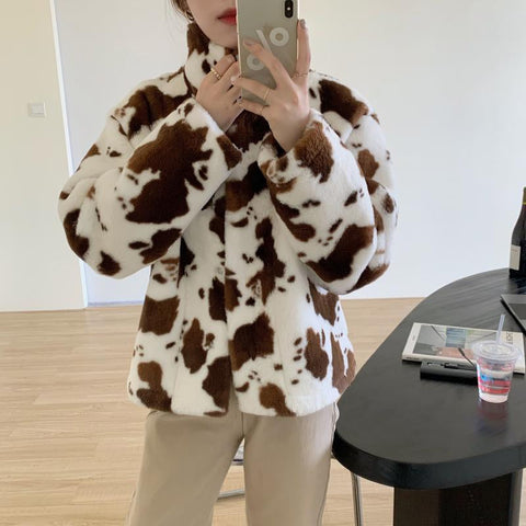 Retro Cow Pattern Stand Collar Winter Coat Jacket