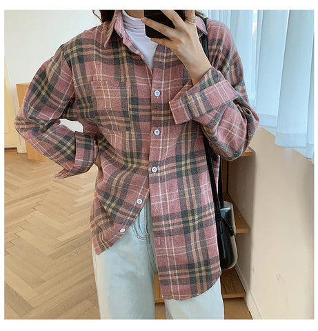 Vintage Classic Plaid Style Turn Down Collar Shirt