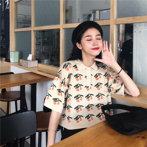 Orange Fruit Printed Loose Crop Top Slim Shirt