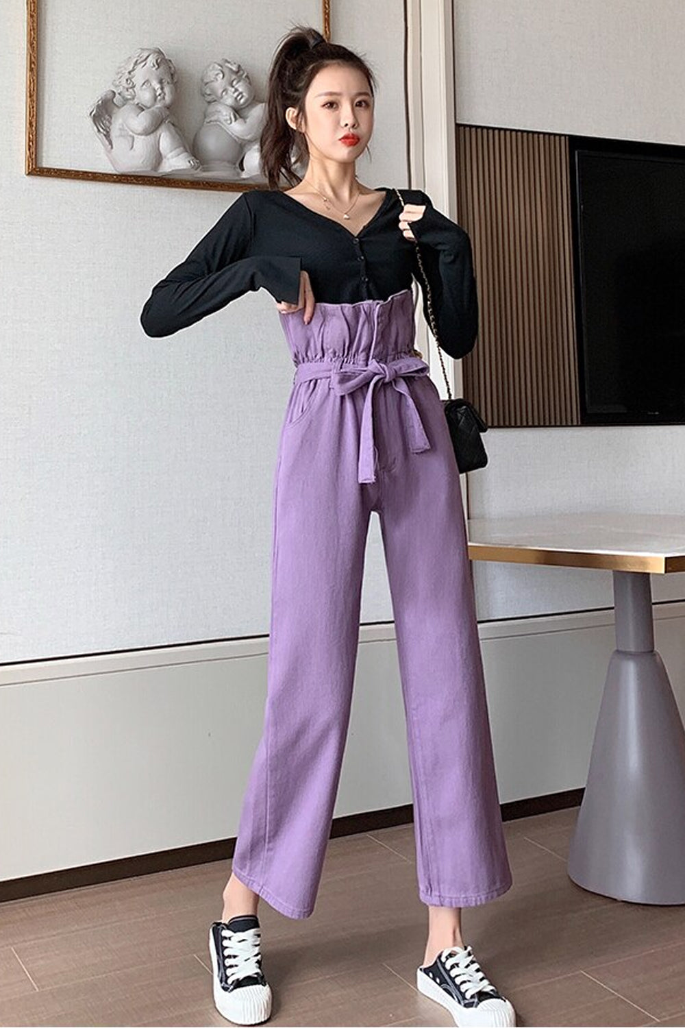 High Waist Belted Tie Loose Ankle Length Jeans