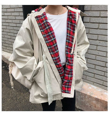 Plaid Adjustable Hooded Trench Jacket