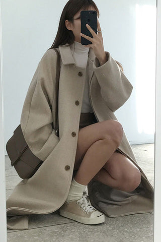 Simple Turn Down Collar Long Woolen Coat