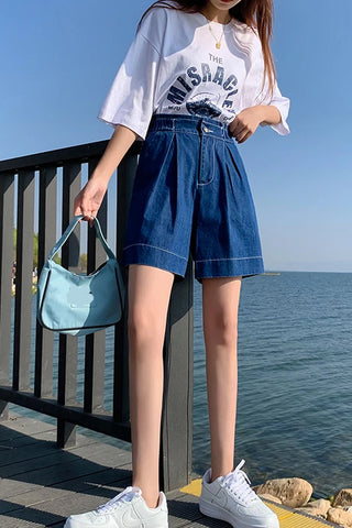 High Waist Knee Length Denim Shorts