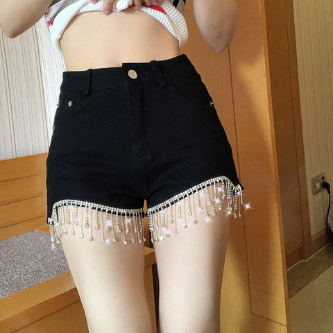 Beads Tassel Thin Denim Shorts Jeans