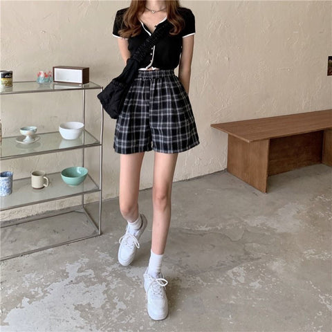 Elastic Waist Retro Plaid Shorts Pants