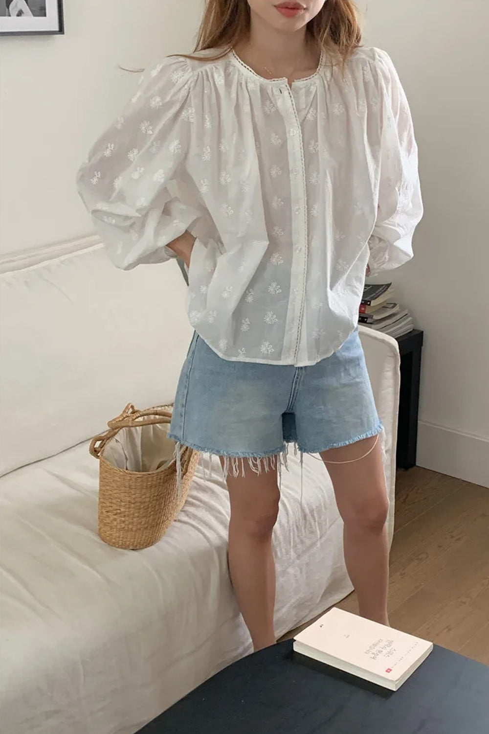 Long Sleeve Flower Pattern Chiffon Transparent Shirt