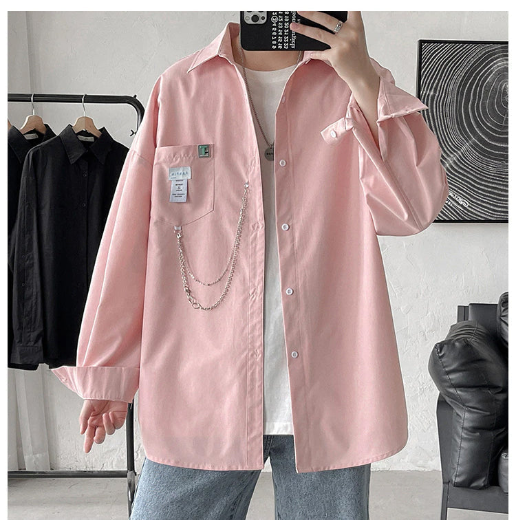 Long Sleeve Loose Casual Men Shirt With Chain