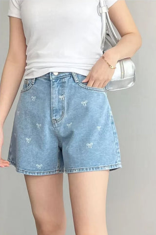 Casual Bowknot Embroidered Denim Shorts