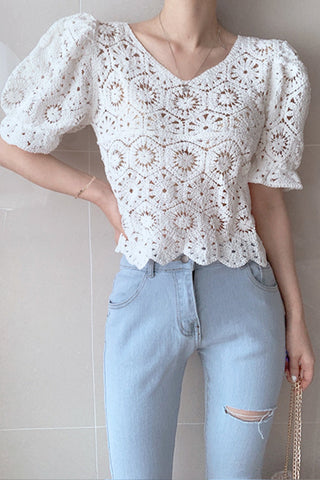 Puff Sleeve Lace Hollow Out Elegant Shirt