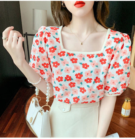 Puff Sleeve Daisy Floral Elegant Shirt