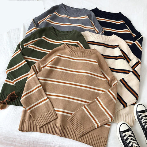 Vintage Striped Style O-Neck Sweater