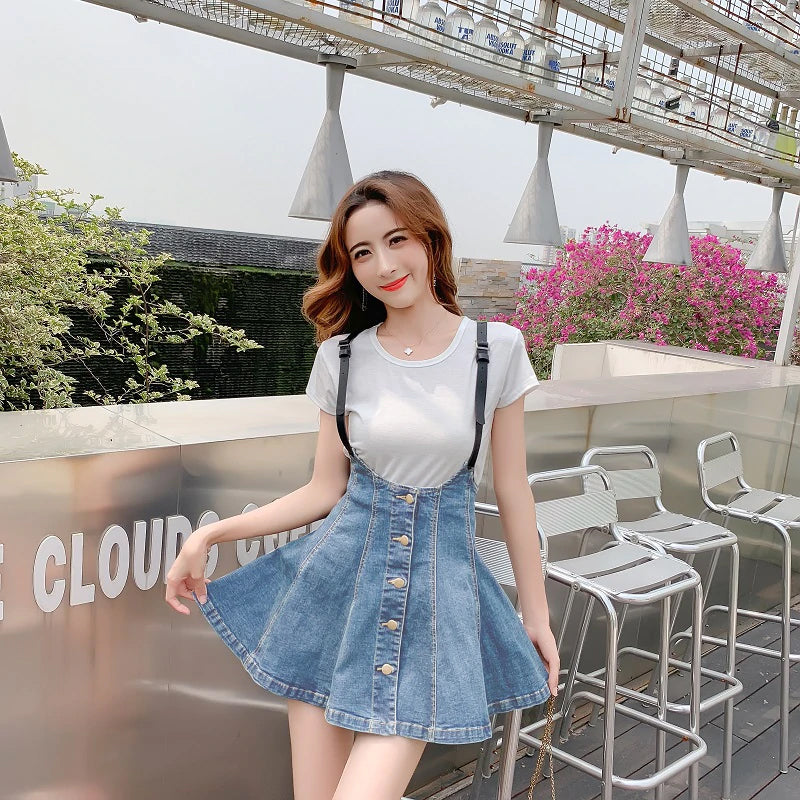 High Waist Suspender Adjustable Strap Denim Skirts