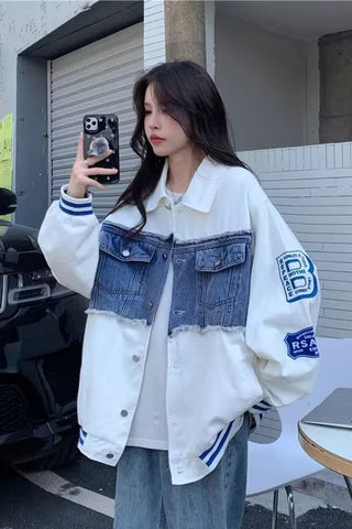 Long Sleeve Denim Patchwork Embroidered Baseball Jacket