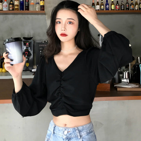 Sexy Elegant V-Neck Long Puff Sleeve Crop Tops