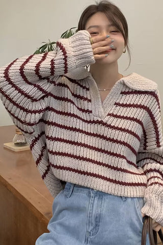 Long Sleeve Turn Down Collar Striped Cropped Sweater