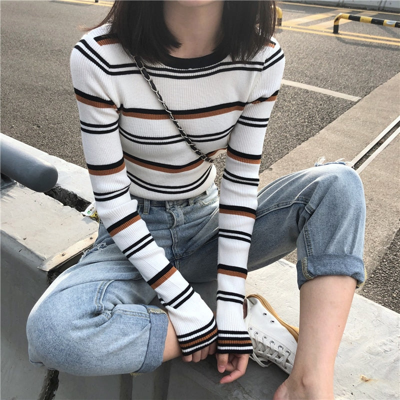 Gestreifter Basic Slim Pullover