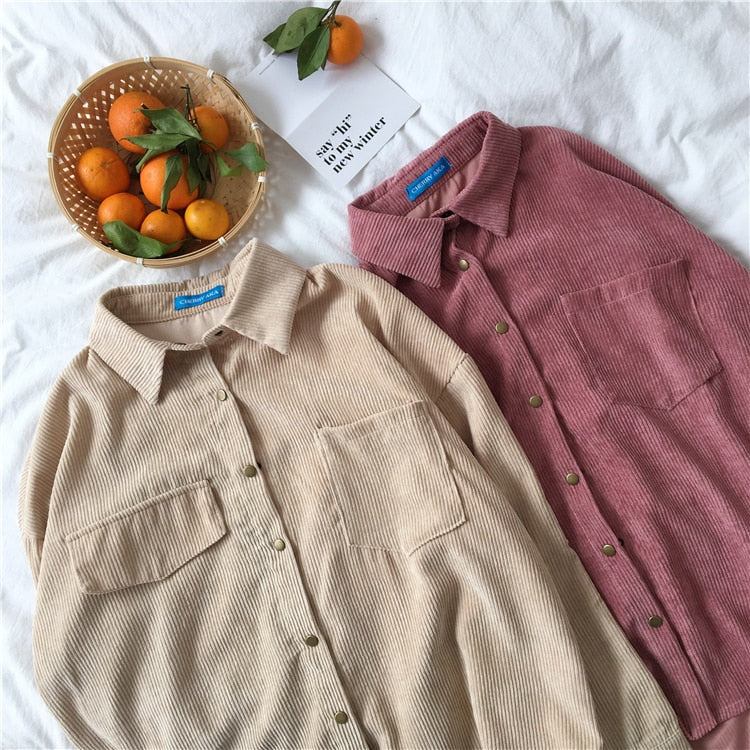 Loose Solid Long Sleeve Corduroy Tops