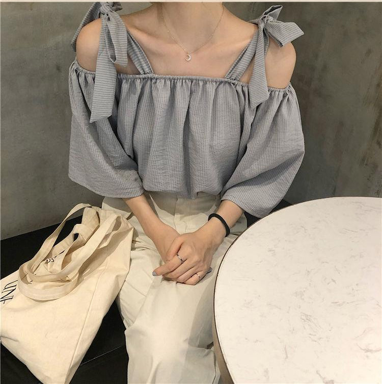 Bow Tie Slash Neck Loose Striped Blouse Shirt