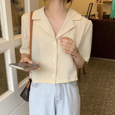 Notched Style Collar Cropped Blouse Shirt