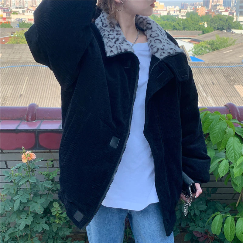 Leopard Collar Loose Warm Corduroy Jacket