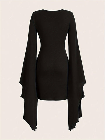 V Neck Asymmetrical Lace Dress Lace Up V Neck Asymmetrical Dress, Y2K Long Sleeve Dress For & Fall, Clothing