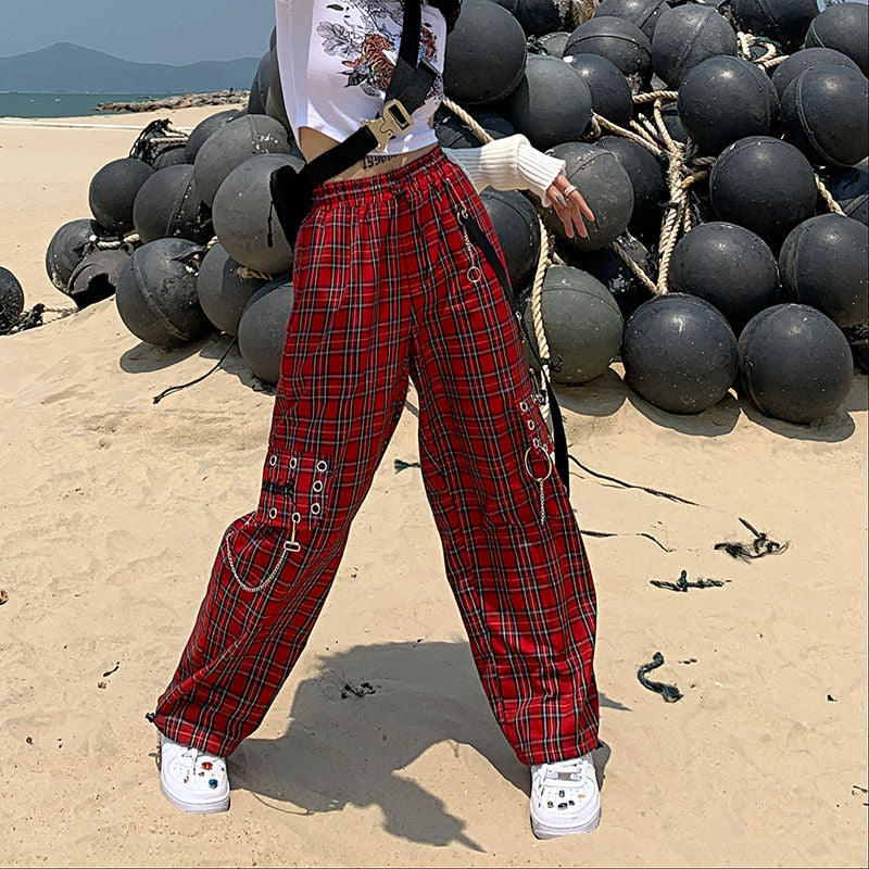 Red Plaid Chained Cargo Pants