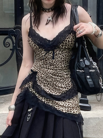 Y2K Leopard Print Cami Top with Lace Trim and Bow Detail, V-Neck, Polyester Blend - Stylish Tank