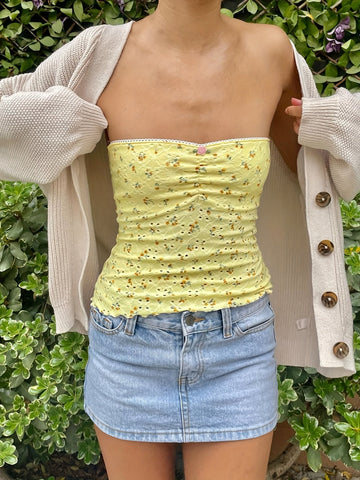 Floral Pattern Eyelet Tube Top, Y2K Ruched Strapless Slim Top For & Summer, Clothing