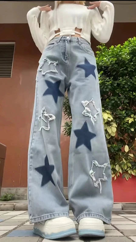 Pantalones vaqueros holgados con estrellas azules Y2K