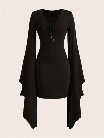 V Neck Asymmetrical Lace Dress Lace Up V Neck Asymmetrical Dress, Y2K Long Sleeve Dress For & Fall, Clothing