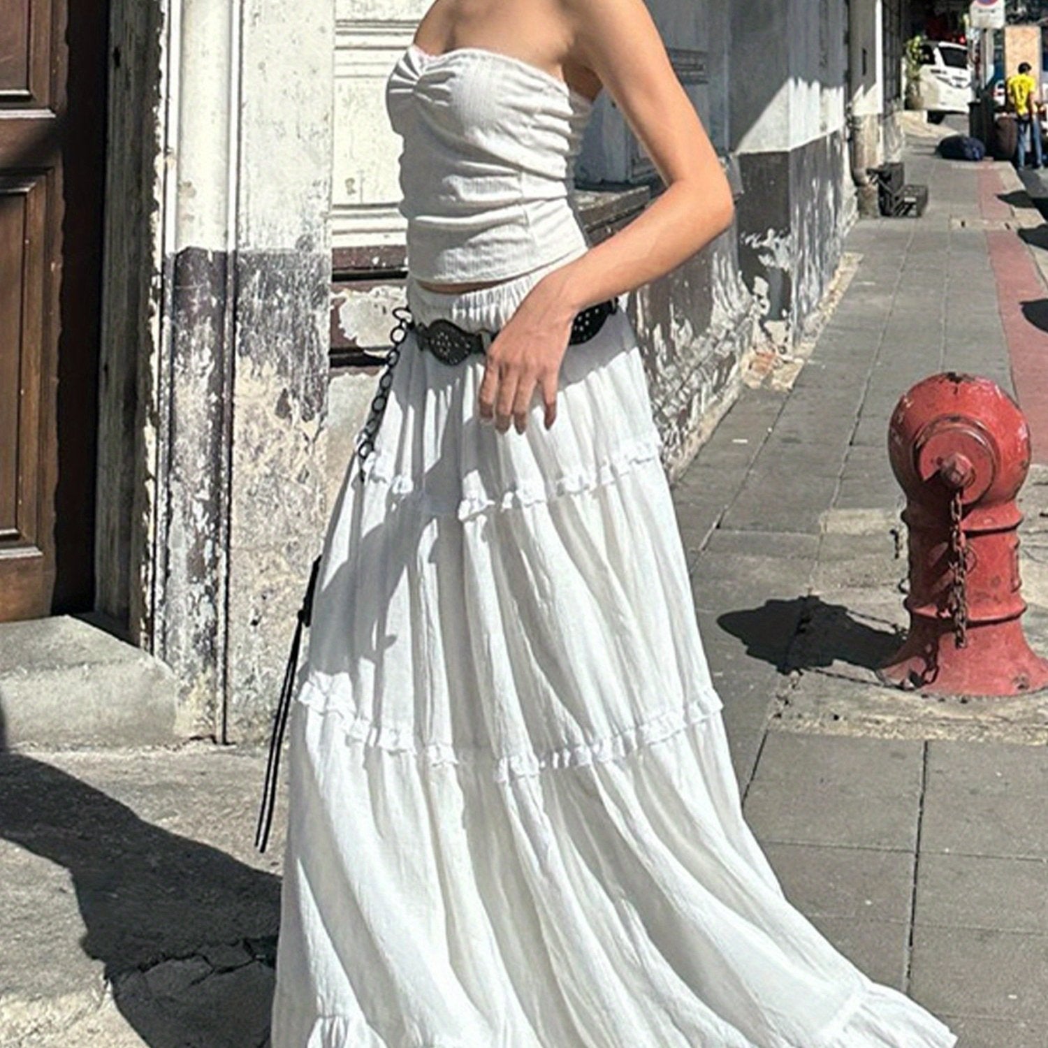 1pc Y2K Style Tiered Midi Skirt - 95% Polyester, 5% Elastane, Solid Color, Ruffle Hem, Elastic Waist, Flowy A-Line Maxi Skirt for Beach and Streetwear, Long Skirt, Cute