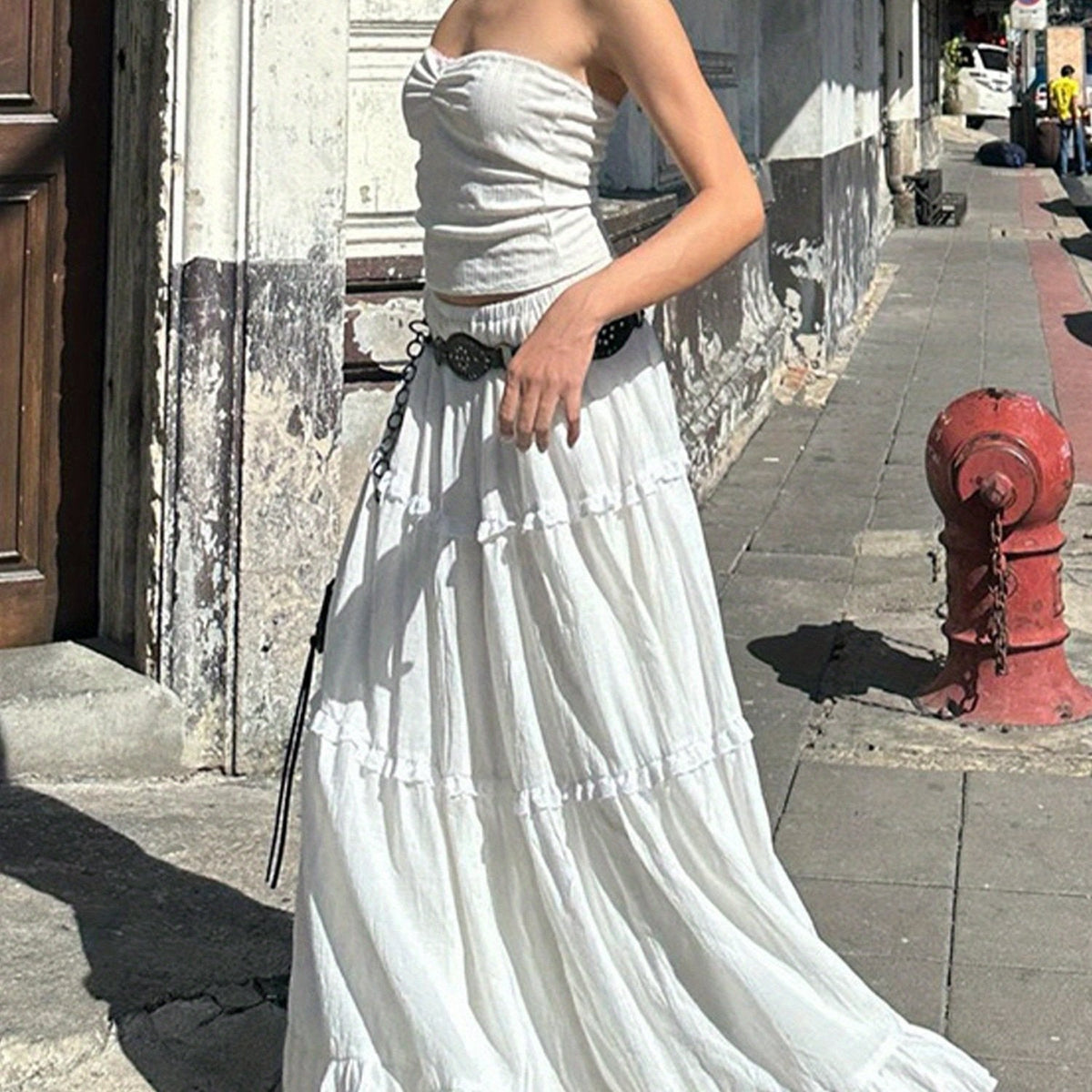 1pc Y2K Style Tiered Midi Skirt - 95% Polyester, 5% Elastane, Solid Color, Ruffle Hem, Elastic Waist, Flowy A-Line Maxi Skirt for Beach and Streetwear, Long Skirt, Cute