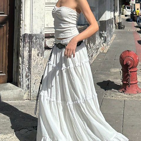 1pc Y2K Style Tiered Midi Skirt - 95% Polyester, 5% Elastane, Solid Color, Ruffle Hem, Elastic Waist, Flowy A-Line Maxi Skirt for Beach and Streetwear, Long Skirt, Cute